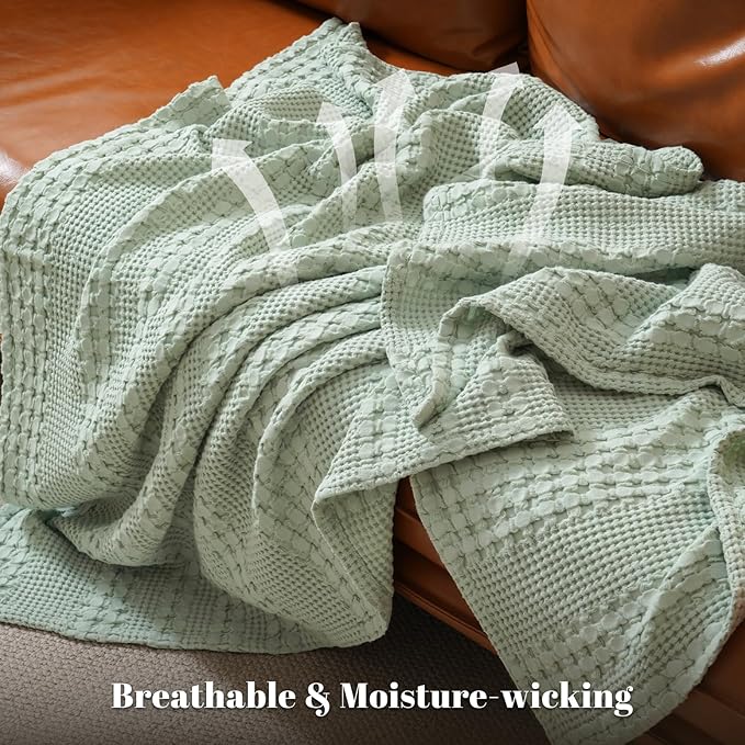 PHF 100% Cotton Waffle Weave Blanket King Size, Soft Lightweight Breathable Cozy Summer Blankets for Bed, Luxury Aesthetic Woven Bedding for Home Decor, 108"x90", Sage Green-Ruum Studio Home