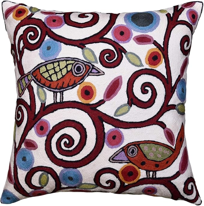 Cream Tree of Life Pillow Cover Birds White Floral Pillowcase Flower Accent Botanical Pillowsham Suzani Cushions Modern Plant Floral Cushion Hand Embroidered Wool Size 18x18-Ruum Studio Home