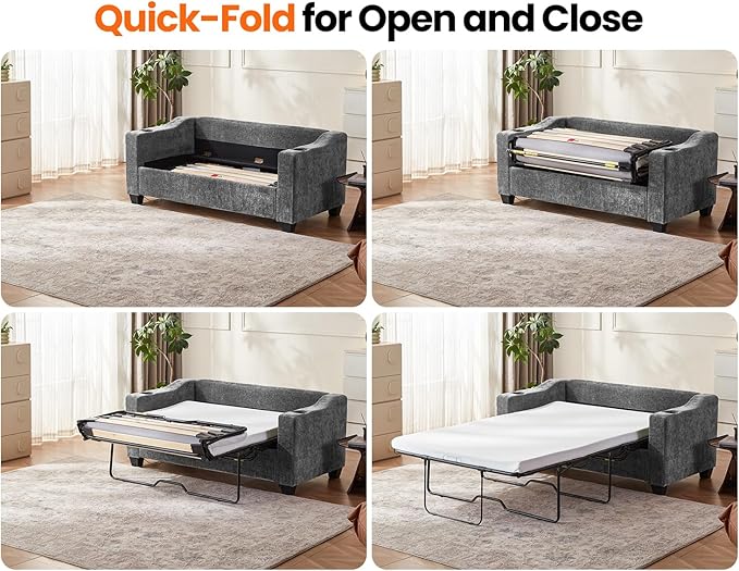 CHIC HOUSE Pull Out Sofa Bed, Full Size Sleeper Sofa, 2-in-1 Convertible Chenille Couch with USB Charging, Memory Form Couch for Living Room, Apartment & Small Space (Dark Grey, Chenille - Full)-Ruum Studio Home
