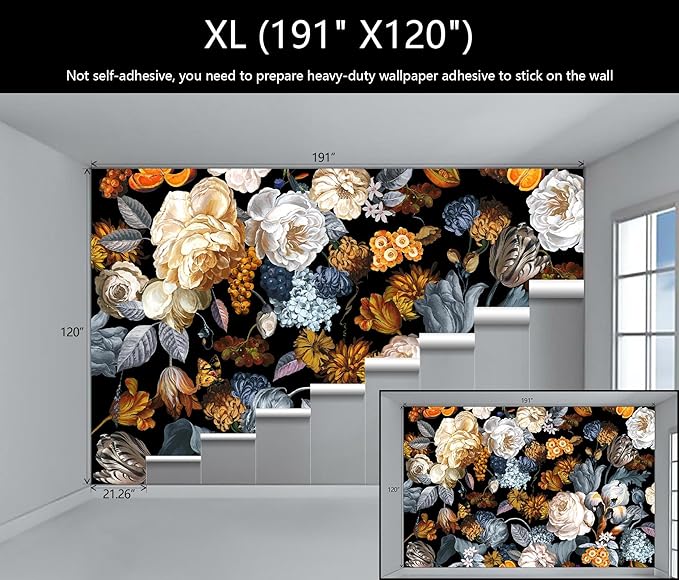 WFBHUA-Black and Gold Floral Wallpaper for Bedroom Vintage Blue Peony Flower Wall Mural (Not Peel and Stick)-Ruum Studio Home