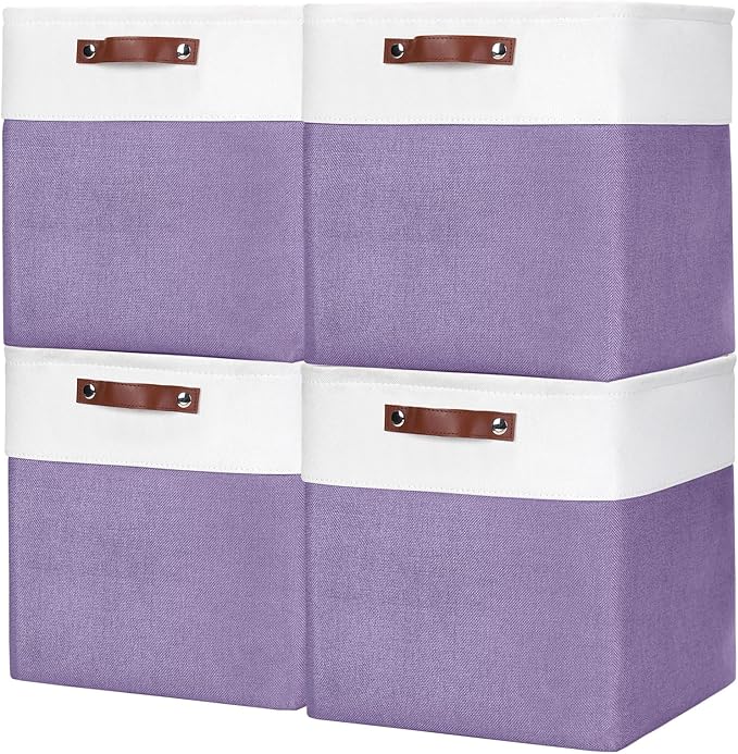 13x13 Cube Storage Bins, Collapsible Fabric Storage Box, 4 Pack Closet Baskets with Handles for Organizing, Shelf, Toys, Clothes, Home, Office, Nursery (Purple&White)-Ruum Studio Home