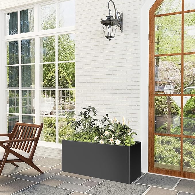 Long Metal Cube Planter for Outdoor Plants 15" W x 38" L x 16.25" H, Heavy Duty Steel Rectangular Planter Box with Removable Insert Shelf, Modern Décor for Outside, Indoor, Garden (Black)-Ruum Studio Home