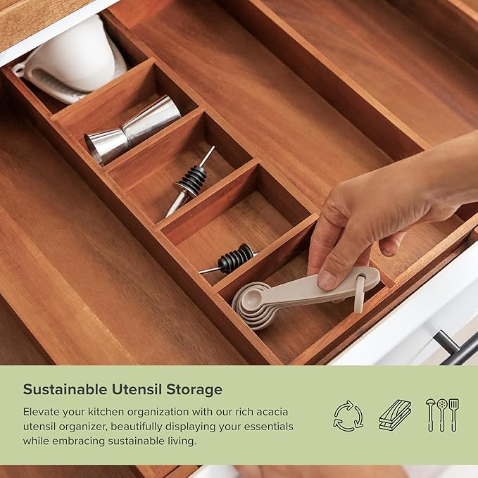 Adjustable Kitchen Drawer Organizer for Utensils and Junk, Food-Safe Contract Grade with 100% Sustainable Wood, Non-Slip, Expandable from 16" to 28" Wide - Natural Acacia-Ruum Studio Home