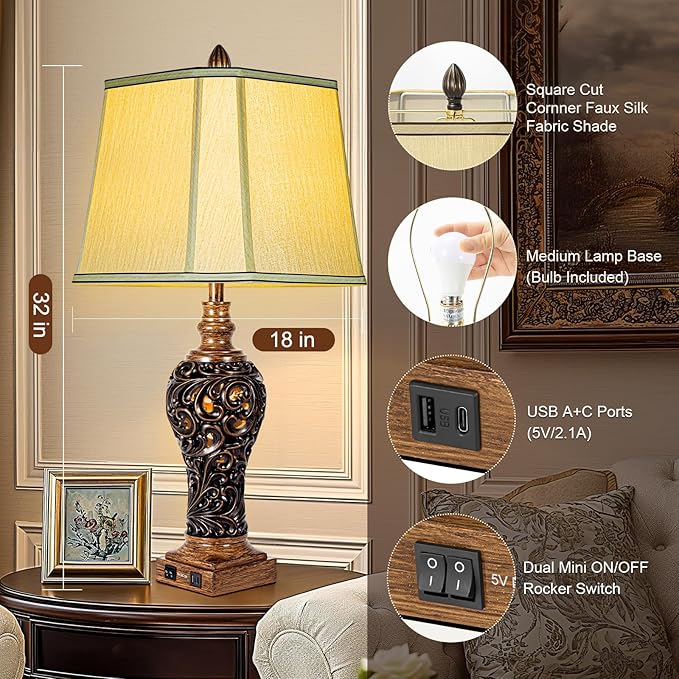 32'' Tall Rustic Vintage Table Lamps Set of 2 with Night Lights - Bedside Lamp with Faux Silk Shades for Bedroom and Living Room with 2 USB Charging Ports,Rustic Lamps for Living Room(Bulb Included)-Ruum Studio Home