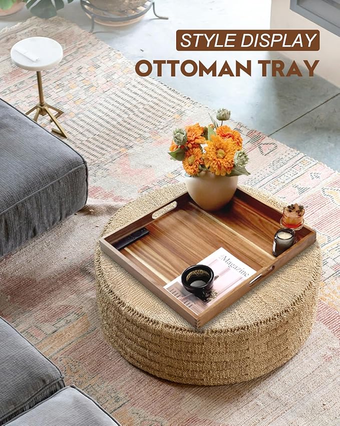 22 Inches Square Acacia Wood Ottoman Tray, Extra Large Wooden Serving Tray with Handles for Living Room, Serving Food Breakfast, Ottoman Coffee Table Couch Sofa Kitchen-Ruum Studio Home