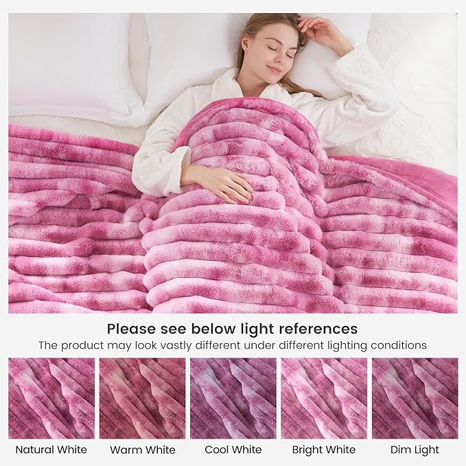 Cozy Bliss Faux Fur Throw Blanket for Couch, Cozy Warm Plush Striped Blanket for Sofa Bedroom Living Room,60 * 80 Inches Tie-dye Pink-Ruum Studio Home