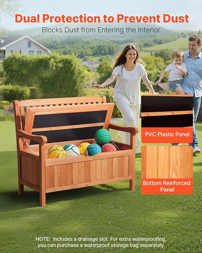 VEVOR Outdoor Storage Bench, 2-Person Wooden Storage Bench, 33 Gallons Deck Box with Side Handle, Supports up to 705 lbs, Weatherproof Outdoor Seating & Porch Decor, for Patio Garden Balcony Yard-Ruum Studio Home