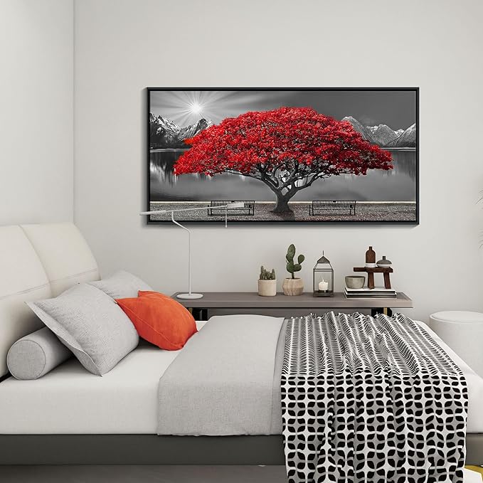 Framed Black and White Red Tree Wall Art Canvas Print Picture Large Red Tree Landscape Modern Artwork for Living Room Bedroom Office Home Wall Decor With 24X48inch-Ruum Studio Home