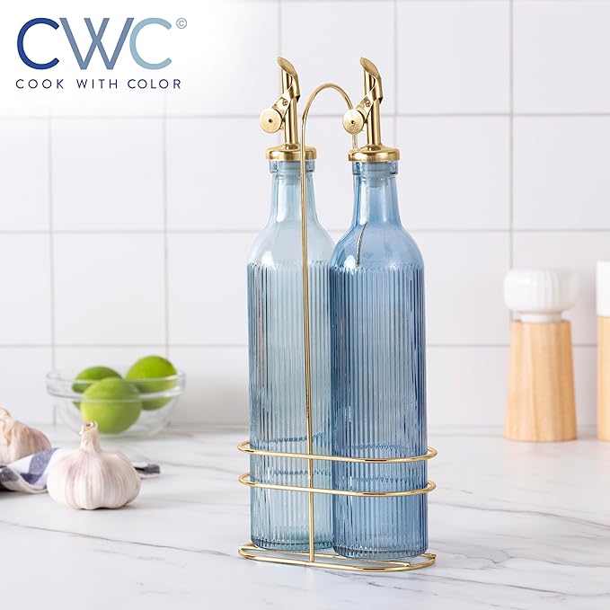 COOK WITH COLOR Glass Olive Oil Bottle Dispenser - 2 Pack- 17oz Oil and Vinegar Cruet - Olive Oil Carafe Decanter for Kitchen-Ruum Studio Home