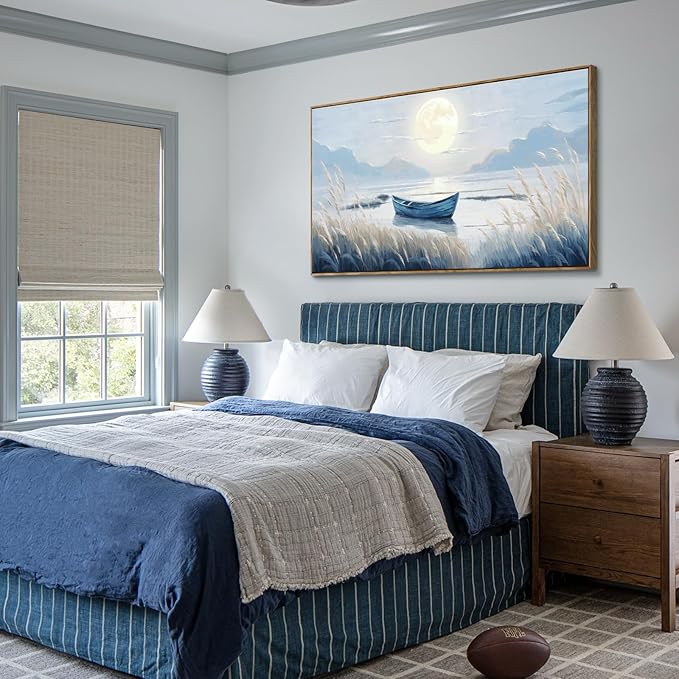 amatop Oversized Framed Coastal Wall Art for Living Room Blue Boat Moon Sea Picture Landscape Canvas Print Calming Night Ocean Lake Scene Large Artwork Nautical Bedroom Office Wall Decor 58x29 In-Ruum Studio Home