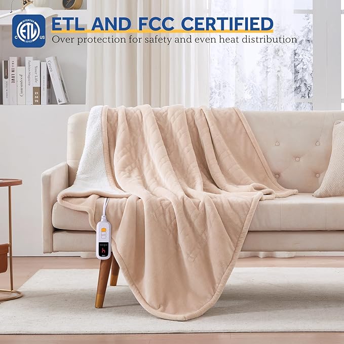 Sealy Electric Blanket Throw Size 50"*60",Super Cozy Flannel to Sherpa Reversible Heated Blanket Throw with 6 Heating Levels & 2-10 Hours Auto Off Overheating Protection Machine Washable,Beige-Ruum Studio Home
