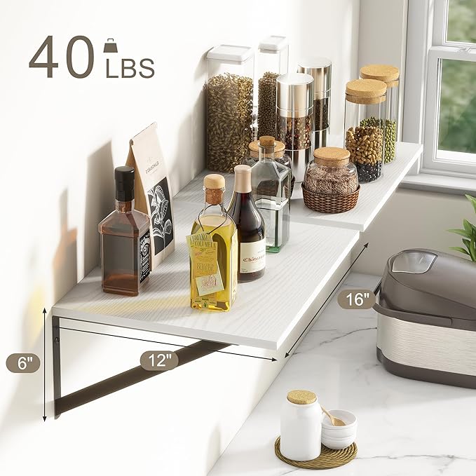 Fun Memories Floating Shelves Set of 2, 16" W x 12" D, White Ledges for Bedroom, Bathroom, 12" Deep Bookshelf Wall Mounted-Ruum Studio Home