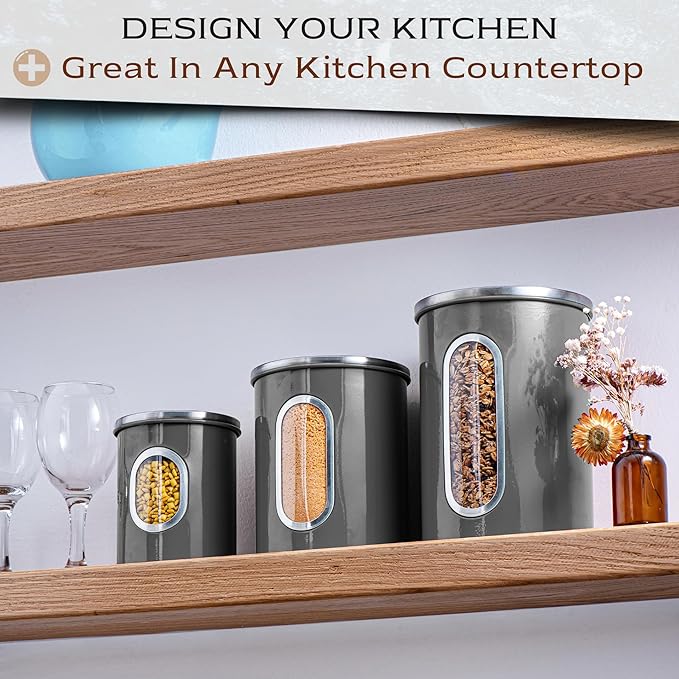 Moss & Stone 3-Piece Gray Canisters Sets For The Kitchen, Airtight Canister Set With See Through Window, Storage Jars for Coffee Container, Tea Organizer & Sugar Canister, Gray Kitchen Canisters-Ruum Studio Home
