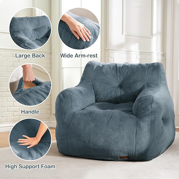 Hobestluk Bean Bag Chair for Adult Small Bean Bag Chairs with Arms Furry Beanbag Chair with Foam Filler Stuffed Bean Bag Sofa for Reading in Bedroom Living Room and Dorms (Blue Grey)-Ruum Studio Home