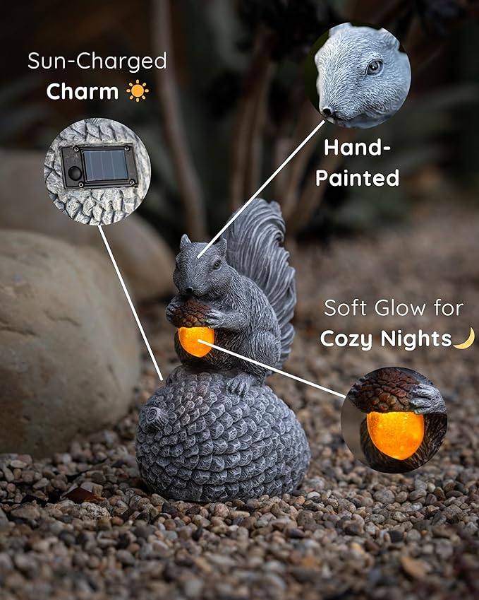 Solar Garden Statue – Hand-Painted Resin Squirrel on Pinecone with Glowing LED Acorn – Charming Yard, Patio & Balcony Decor – Gift for Mom, Grandma & Garden Lovers-Ruum Studio Home