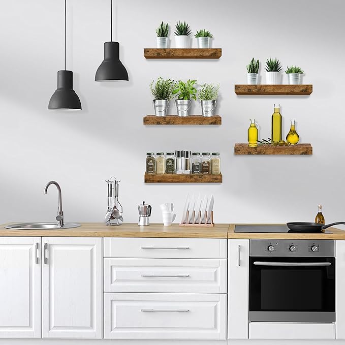 Sorbus Floating Shelves for Wall, Bathroom Shelves Wall Mounted for Kitchen, Bedroom, Living Room, Bathroom Storage, Over Toilet, Hanging Book Shelf for Ｗall Home Decor (Rustic Brown, 5 Pack)-Ruum Studio Home
