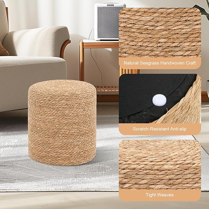 16'' Round Ottoman Natural Seagrass Braided Poof Hand Weaving Round Ottomans Boho Footrest Stool for Home Living Room Bedroom Patio(Natural)-Ruum Studio Home