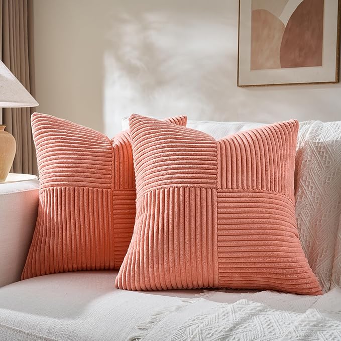 Fancy Homi 2 Packs Coral Samll Decorative Throw Pillow Covers 14x14 Inch with for Couch Bed Sofa, Rustic Farmhouse Boho Home Decor, Soft Corss Patchwork Corduroy Square Peach Cushion Case 35x35 cm-Ruum Studio Home