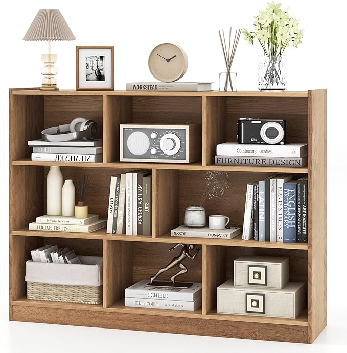 Tangkula 8-Cube Bookcase, Wood 3 Tier Open Storage Bookshelf, Modern Multipurpose Display Cabinet for Living Room, Study, Reading Nook, 48 x 12.5 x 36.5 Inch, Natural-Ruum Studio Home