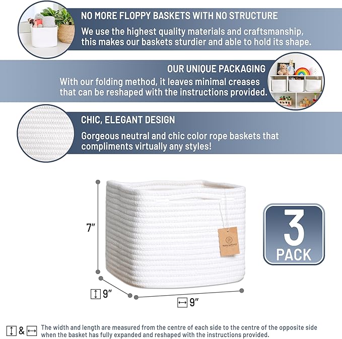 NaturalCozy Storage Cubes 9”x9”x7”Cotton Rope Woven Baskets for Organizing 3-Pack | 9 Inch Cube Storage Bin | Small Basket for Shelf Nursery, Pantry, Decorative Plant, Bathroom Closet, Toy Gift-Ruum Studio Home