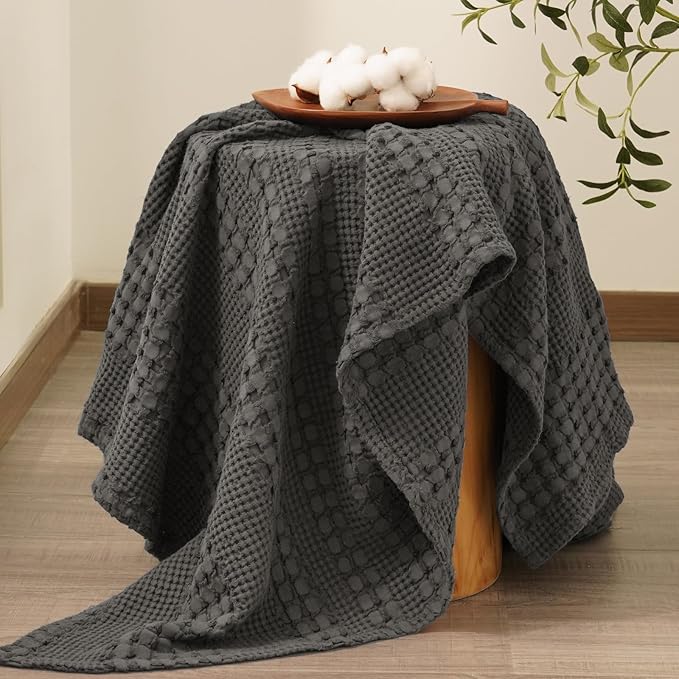 PHF 100% Cotton Waffle Weave Throw Blanket, Soft Lightweight Breathable Cozy Summer Throws for Couch Bed Sofa, Luxury Aesthetic Woven Blanket for Home Decor & Office, 50"x60", Charcoal Grey-Ruum Studio Home
