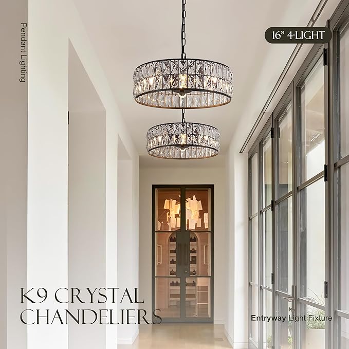 16” 4-Light Modern Crystal Chandeliers Black Dinning Room Light Fixture, Round Pendant Light Kitchen Island Chandelier, Flush Mount Ceiling Light for Living Room Entryway Bedroom Foyer-Ruum Studio Home