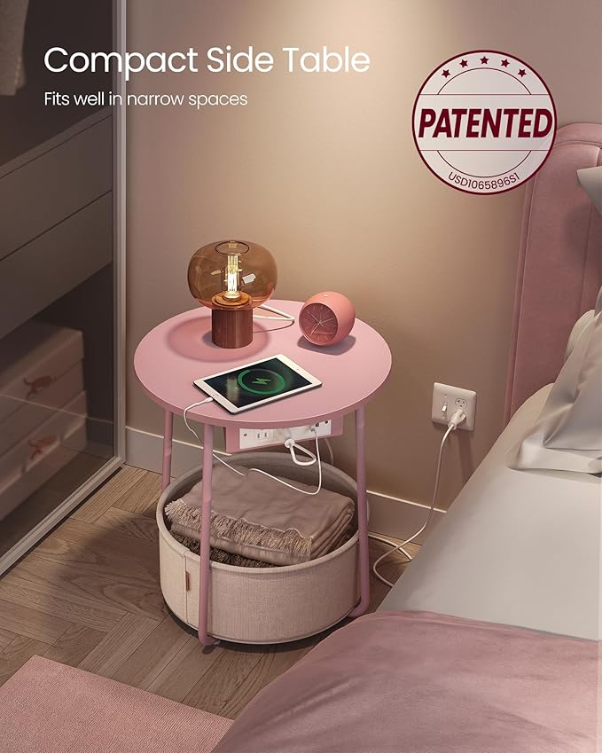 VASAGLE Side Table with Charging Station, Round End Table with Fabric Basket, Nightstand with Power Outlets, USB Ports, for Living Room, Bedroom, Modern, Jelly Pink and Cream White ULET228R01-Ruum Studio Home