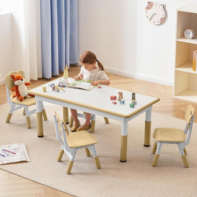 Kids Study Table and Chairs Set, Height Adjustable Toddler Table and Chair Set for Kids Ages 3-8, Graffiti Desktop (Light Brown)-Ruum Studio Home