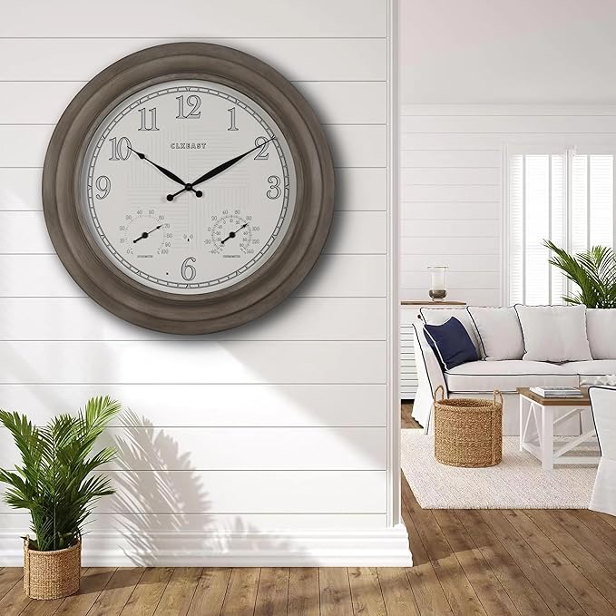 CLXEAST 24 Inch Self-Illuminated in/Outdoor Atomic Wall Clock with Temperature and Humidity, Oversized Large 24 Inch Wall Clocks for Living Room Decor, Brushed Grey Oak Wooden Finish-Ruum Studio Home