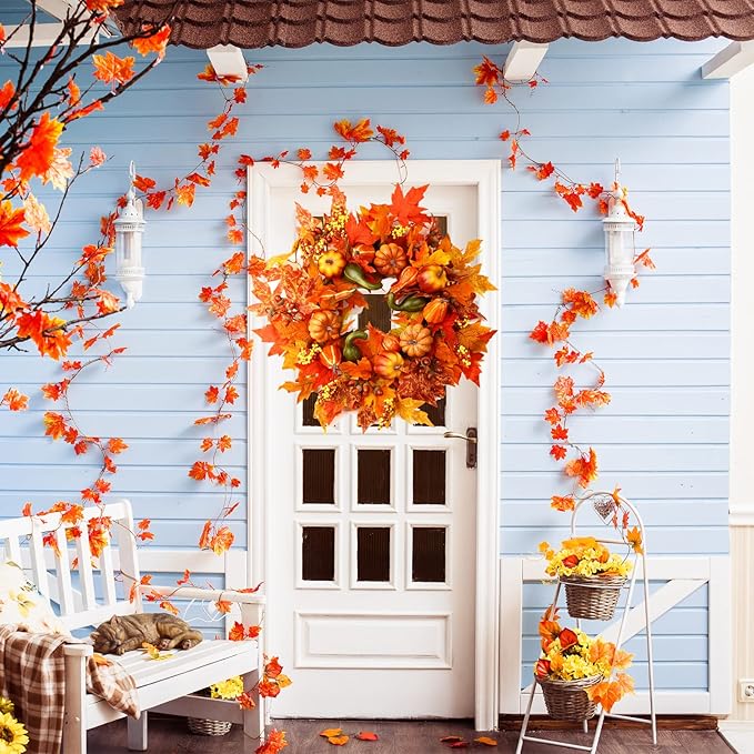24 Inch Fall Wreaths for Front Door, Fall Decorations for Home,Fall Wreath,Autumn Wreath with Pumpkins Berries Maple Leaves for Thanksgiving Halloween Decorations Indoor Outdoor Outside Fall Decor-Ruum Studio Home
