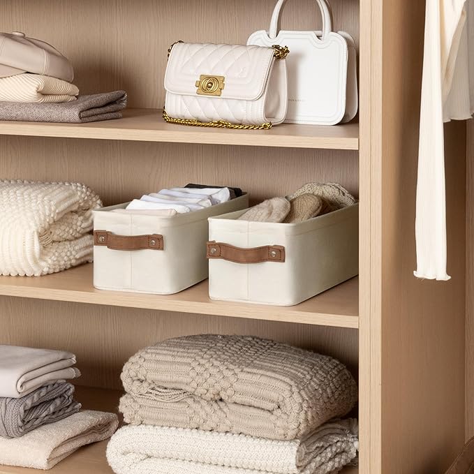 StorageWorks Narrow Storage Bins, Small Basket for Closet and Shelves, Fabric Organizer with Handles, Toilet Paper Storage, Natural Color, 2-Pack-Ruum Studio Home