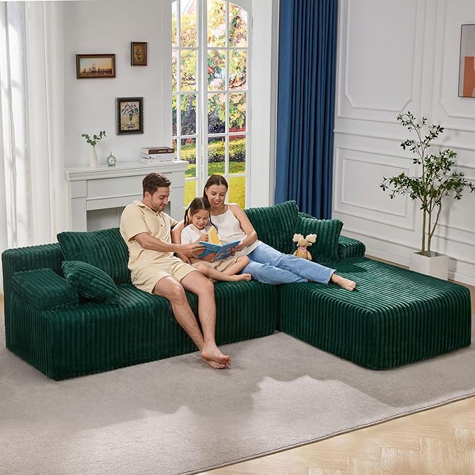 Hobestluk Modular Sectional Sofa Couches 108" L-Shape Couch 3 Seat Modular Sofa Memory Foam Sectional Couches for Living Room, Boneless Couch with Oversized Chaise (Green, Right Facing)-Ruum Studio Home