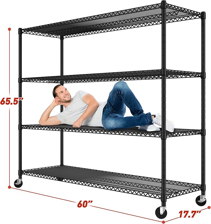 REIBII 60''W Storage Shelves 2399LBS Metal Shelving Unit with Wheels & Feet, 4 Tier Garage Shelving Heavy Duty Adjustable Wire Shelf for Pantry Kitchen Garage, 60" W x 18" D x 65.5" H, 2 Pack-Ruum Studio Home