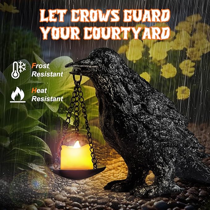 Gothic Crow Lamp Tealight Candle Holder Raven Statue for Indoor Outdoor Decor Halloween Garden Resin Statue Black Stone-Ruum Studio Home