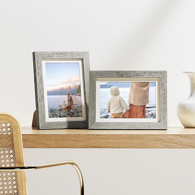 Vittanly 5x7 Picture Frames Set of 9, Shatter Resistant Plexiglass, Display 4x6 Pictures with Mat or 5x7 without Mat, Photo Frames for Wall or Tabletop, Engineered Wood, Grey-Ruum Studio Home