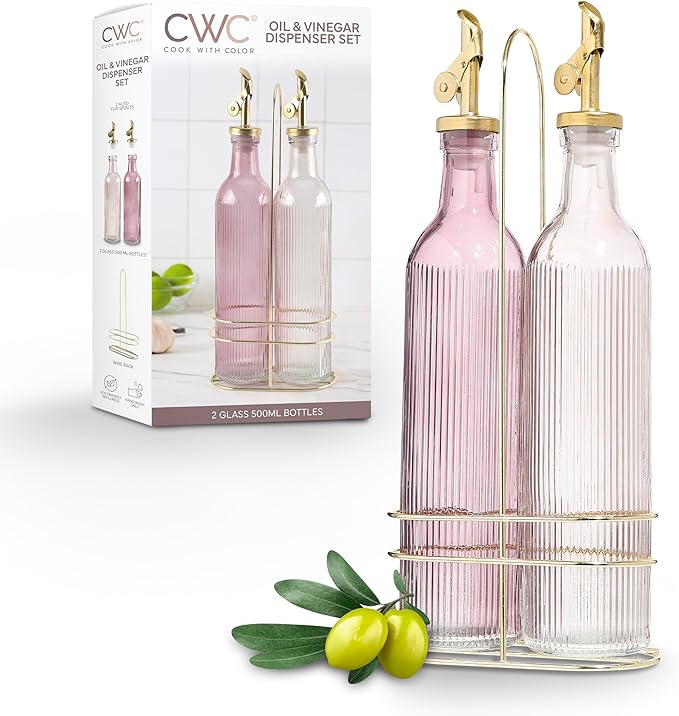 COOK WITH COLOR Glass Olive Oil Bottle Dispenser - 2 Pack- 17oz Oil and Vinegar Cruet - Olive Oil Carafe Decanter for Kitchen-Ruum Studio Home