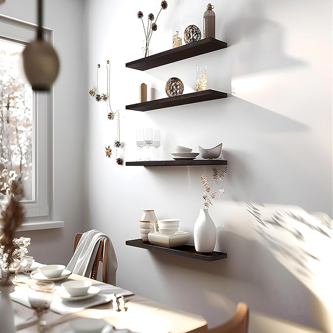 24 Inch Floating Shelves for Wall Rustic Brown Wood Wall Shelves for Bedroom Set of 4-Ruum Studio Home