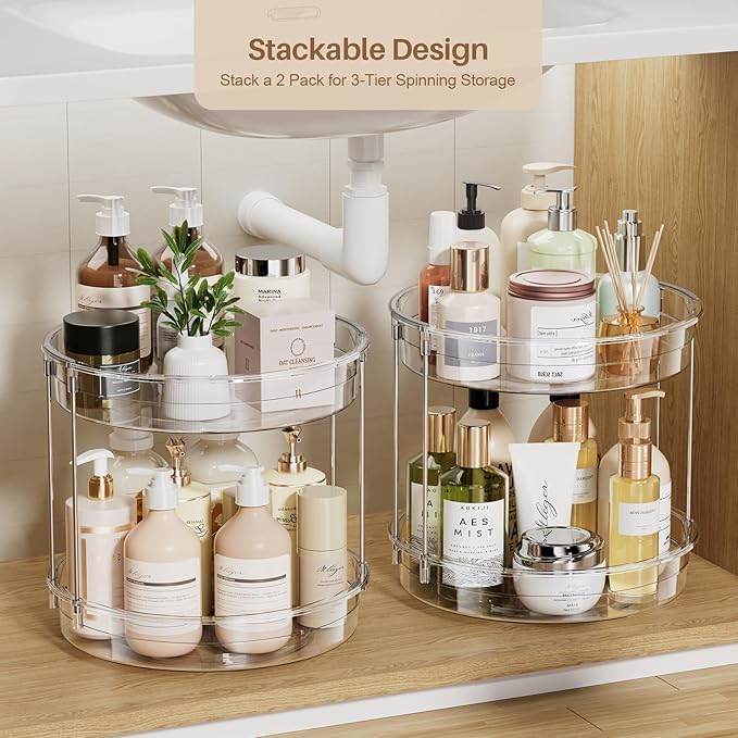 LAMU 2 Pack 2 Tier Lazy Susan Turntable Organizer 12inch Rotating Spice Rack Organization for Cabinet, Kitchen, Pantry, Countertop, Bathroom, Vanity, Medicine Cabinet Organizer, Clear-Ruum Studio Home