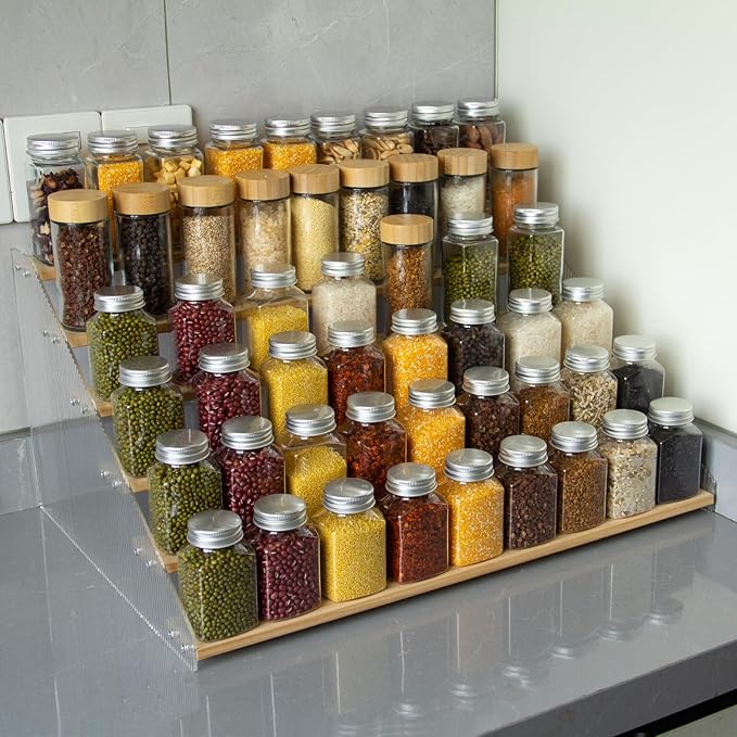nianfeng Tiered Spice Rack, 6-Tier Spice Pantry Kitchen Cabinet Organizer, 19.9-Inch, Natural Wood Acrylic Stair Riser Stand, Countertop Seasoning Shelf-Ruum Studio Home