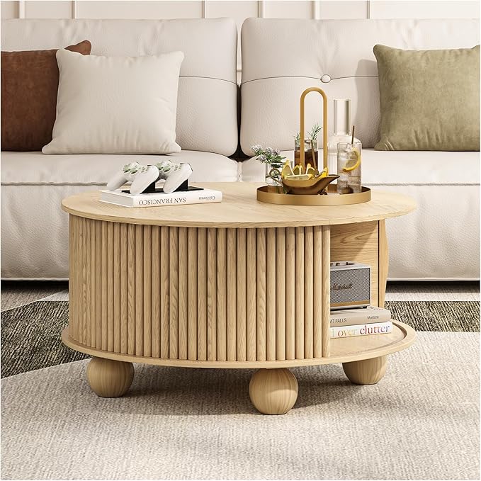 Round Coffee Table with Storage,Fluted Lift Up Coffee Table with Sliding Door,31.5" Drum Center Table with Bun Feet for Living Room,Home Small Space,Oak-Ruum Studio Home