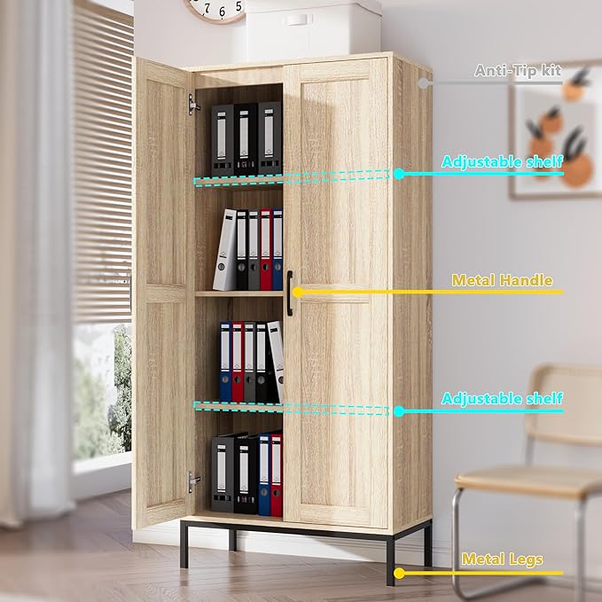 Tall Storage Cabinet, Kitchen Pantry Cabinet with 2 Doors & Adjustable Shelves for Laundry Room, Living Room, Entryway,Bathroom,Natural-Ruum Studio Home
