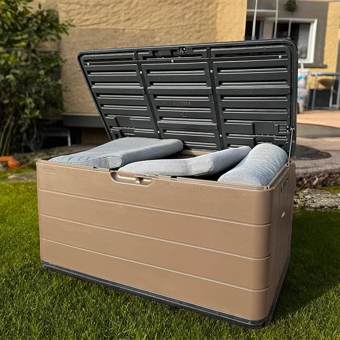Premium Pro Edition 100 Gallon Lockable Resin Deck Box, Waterproof & UV-Resistant Outdoor Storage Box for Outdoor Cushion Storage, Garden Tools & Pool Accessories Storage, Brown-Ruum Studio Home