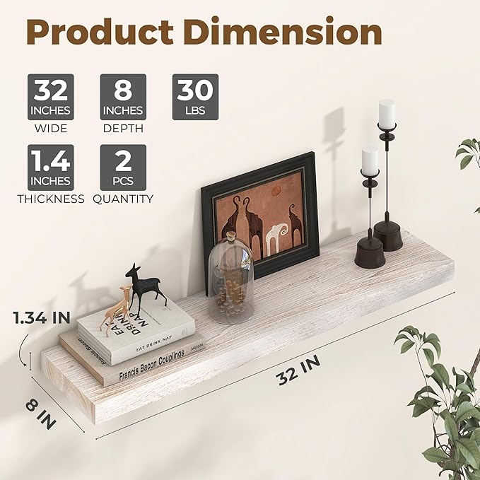 Axeman Floating Shelves for Wall - 32''W x 8'' D Rustic Solid Elm Wood Shelves for Storage, Wall Mounted Display Shelving with Invisible Heavy-Duty Metal Bracket (White Wash, 2PCs)-Ruum Studio Home