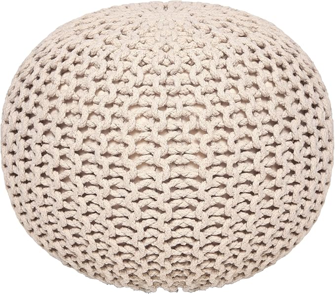 REDEARTH Round Pouf Ottoman - Cable Knitted Boho Poof - Home Décor Cord Pouffe Handmade Circular Footrest for Living Room - Bedroom - Kids Bedroom - 100% Cotton Pouf (18" x 18" x 14") - Ivory-Ruum Studio Home