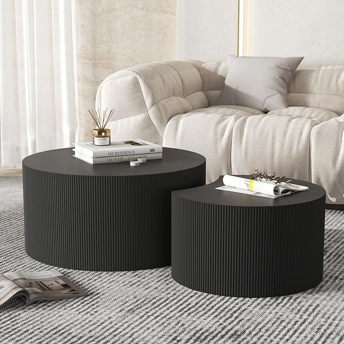 Round Coffee Table Set of 2, Modern Wooden Nesting Coffee Tables for Living Room, No Assembly Required Circle Side Table Set Accent Furniture for Bedroom, Balcony,Office, Black-Ruum Studio Home