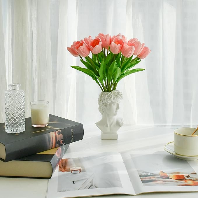 Mandy's Artificial Tulips 12 Stems Light Pink Partially Open PU Faux Flowers for Wedding Home Decor 13.5 Inch-Ruum Studio Home