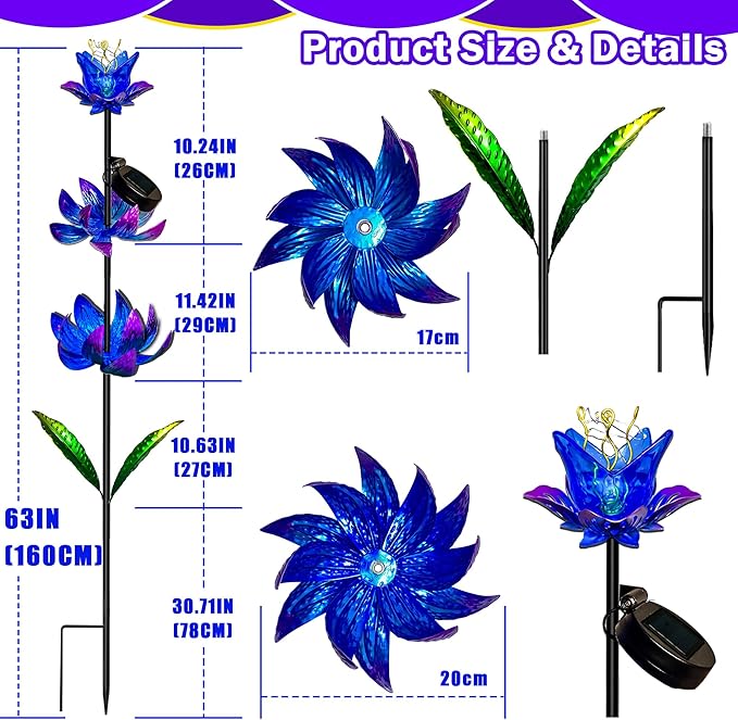 Solar Wind Spinner Outdoor, 63 Inch Metal Wind Spinner Yard Art with LED Lights, Three-Layer Flower Design Pinwheels for Yard and Garden Decor, Solar Garden Decor-Ruum Studio Home