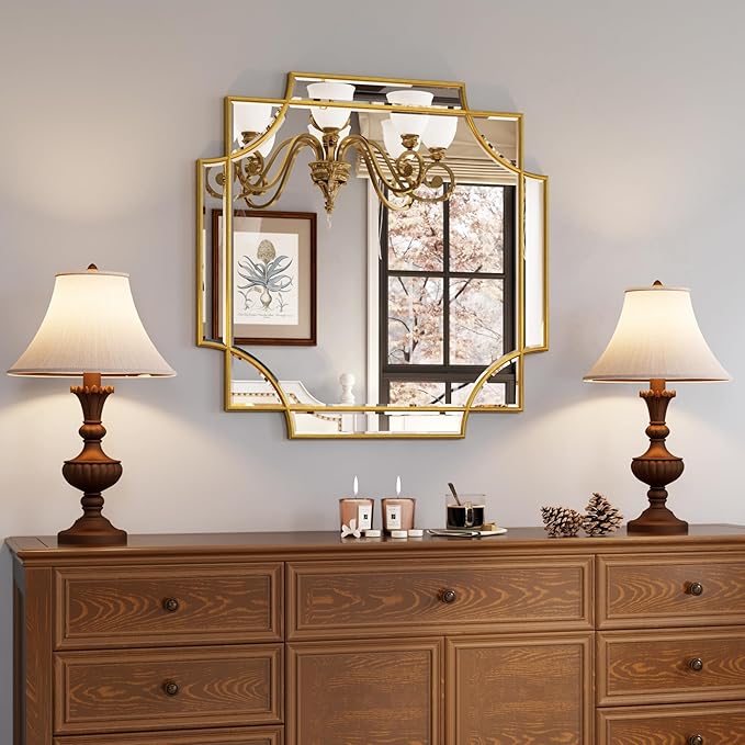 Kelly Miller Gold Framed Mirror for Wall, 26"x26" Gold Square Wall Mirror Vanity Mirror Decorative Mirror Beveled Wall Decor for Bathroom Powder Room Living Room Bedroom Bedside Table Entryway Hallway-Ruum Studio Home