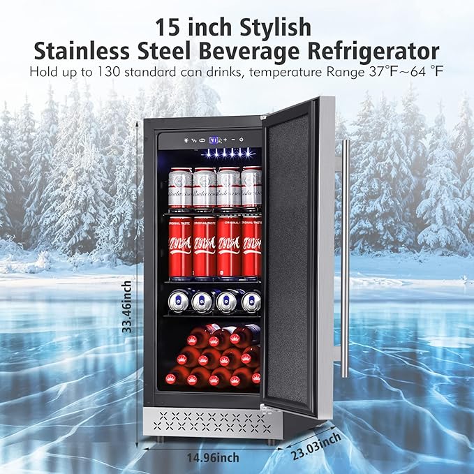 Tylza Beverage Refrigerator 15 Inch Wide, Mini Fridge Stainless Steel Under Counter Beverage Cooler, 130 Cans Beer Fridge with Built-in and Freestanding Beverage Fridge-Ruum Studio Home