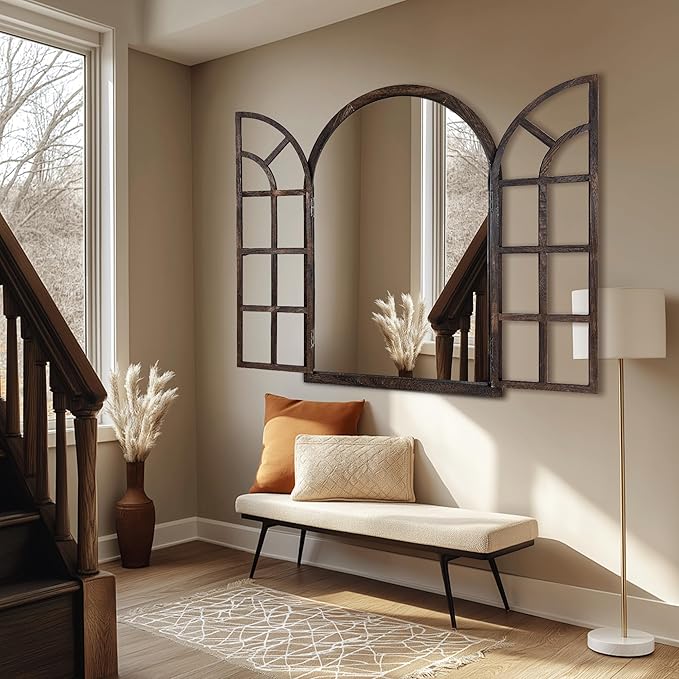 Arched Wall Mirror with Window Design, 38"x26" Rustic Farmhouse Wood Mirror for Wall Decor, Decorative Vintage Arch Mirror for Living Room, Bedroom, Entryway-Ruum Studio Home